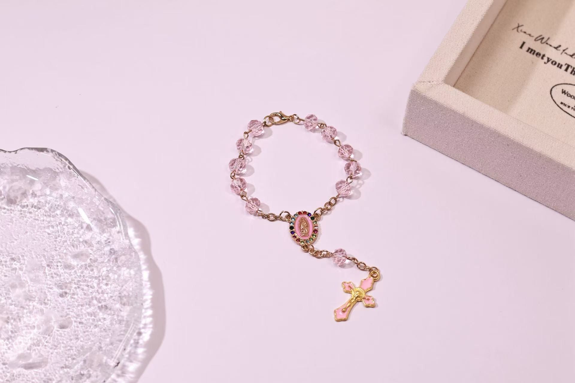 Vintage Alloy Beaded Cross Rosary Bracelet